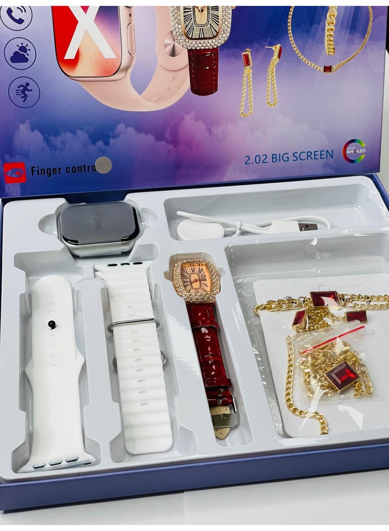 Raxoom Smart Watch 10 with 2.02 Big screen , stylish girls watch with braslate , jwellery set , neckless , ring , EAR RING AND 2 straps  - Image 4