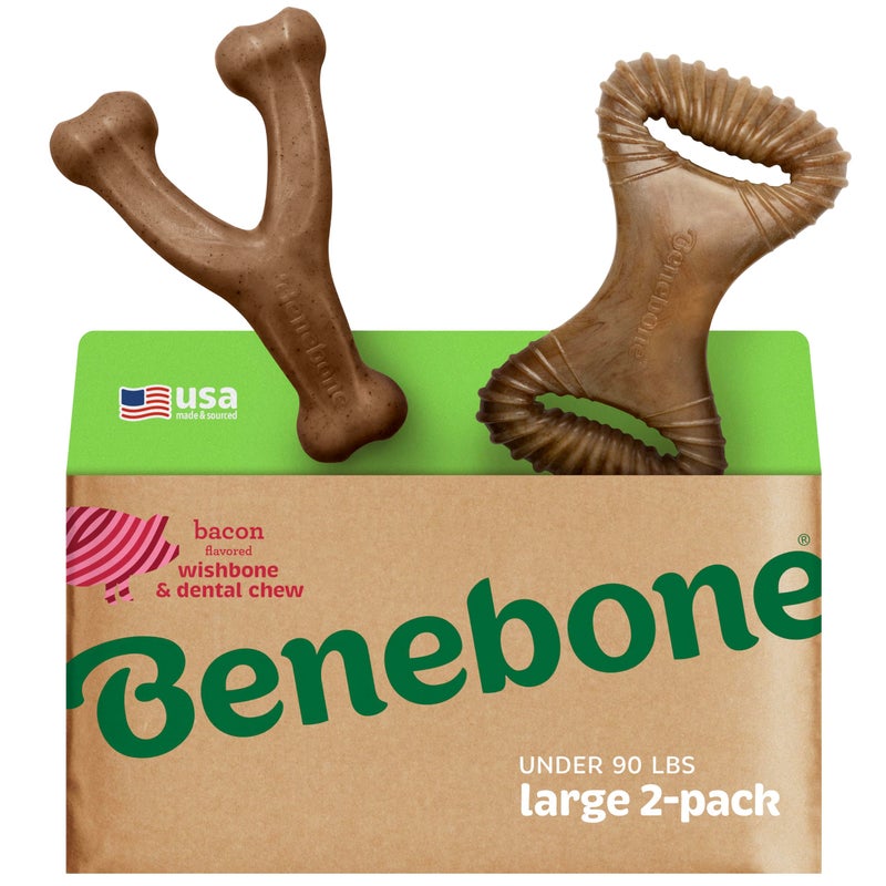 Benebone 2-Pack Wishbone/Dental Durable Dog Chew Toys, Real Bacon, Made in USA, Large - Image 1
