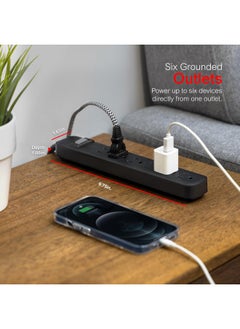 GE GE 6-Outlet Power Strip, 2 Ft Extension Cord, Heavy Duty Plug, Grounded, Integrated Circuit Breaker, 3-Prong, Wall Mount, UL Listed, Black, 14831  - Image 4