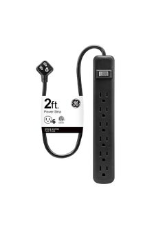 GE GE 6-Outlet Power Strip, 2 Ft Extension Cord, Heavy Duty Plug, Grounded, Integrated Circuit Breaker, 3-Prong, Wall Mount, UL Listed, Black, 14831  - Image 1