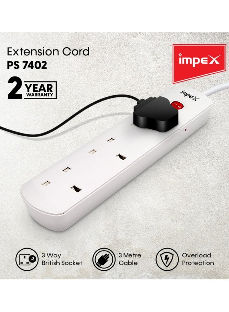 Impex Power extension cord with 3 plugs, white, 3 meters - Image 3