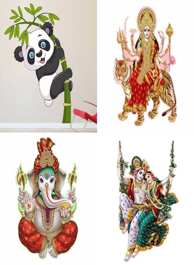 Merical PVC Vinyl Self-Adhesive Wall Stickers Combo Set of 4 for Home Decor | Baby Panda, Sherawali Maa, Ekdant, Radhamadhav Jhula | for Living Room, Puja Room, Bedroom & Kids Room - Image 1