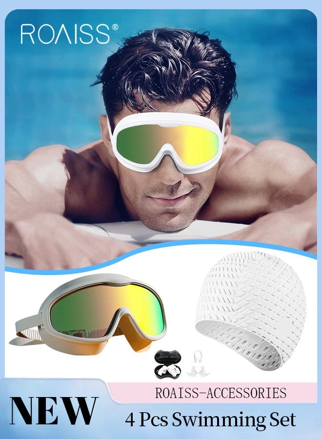 roaiss 4 Pcs Swim Goggle Set for Adults, Large Frame HD Swimming Goggles with Silicone Gasket,Outdoor Swimming Equipment for Men Women including Goggle, Swimming Cap, Nose Clip and Earplugs  - Image 1