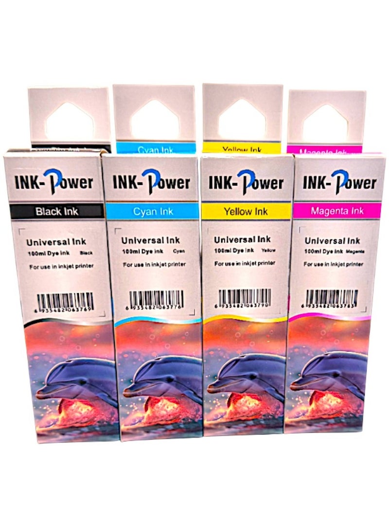 انك إعادة تعبئة الحبر العالمي لطابعات Canon HP و Epson 4 ألوان أسود، سماوي، أصفر، أرجواني كل لون 100 مل، يستخدم لجميع أنواع الطابعات ذات الأحبار السائلة Canon HP و Epson. - Image 1