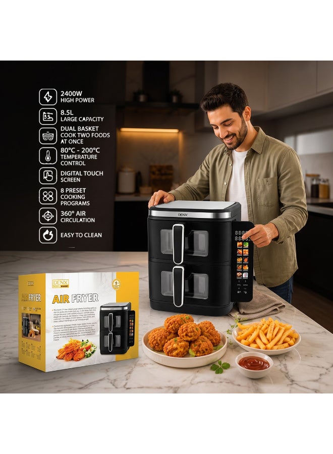 دينكس DX4001 مقلاة هوائية مزدوجة سعة 11 لترًا، سعة 5.5 لتر + 5.5 لتر، 2800 واط، مع شاشة معلومات ولوحة لمس / 12 إعدادًا مسبقًا / وظائف طهي متعددة / طهي عالي الكفاءة / وجبات صحية - أسود - Image 1