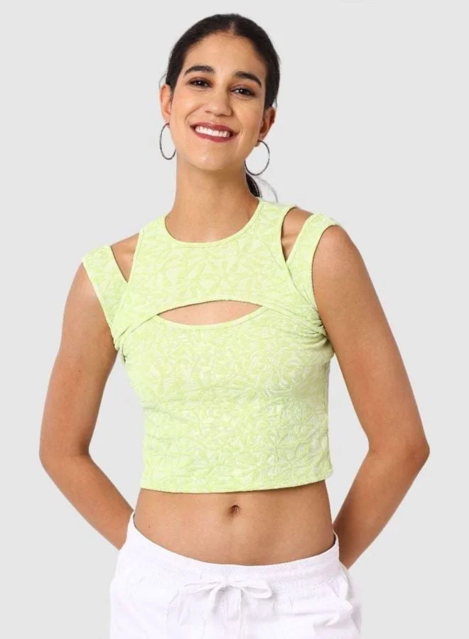 Women Regular Fit Textured Crew Neck Sleeveless Cut Out Top