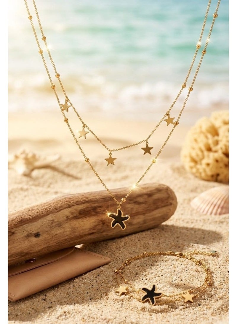 Women's Double Layer Stainless Steel Jewelry Set - Multi-Shape Necklace and Bracelet (Gold 9) - Image 1