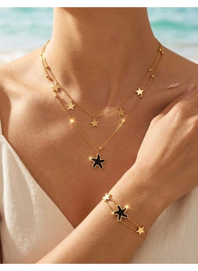 Women's Double Layer Stainless Steel Jewelry Set - Multi-Shape Necklace and Bracelet (Gold 9) - Image 2
