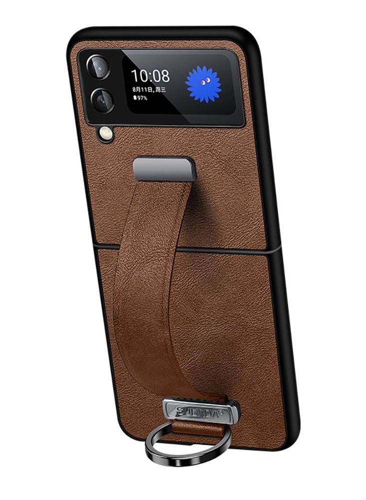 SULADA for Samsung Galaxy Z Flip 3 5G Case Premium PU Leather Wristband Portable Case Durable Minimalist Ultra Thin Slim Cover Protective Phone Case Compatible with Samsung Galaxy Z Flip 3 Brown
