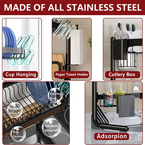 VNKZI Over Sink Dish Drying Rack, 2 Tier Full Stainless Steel Storage Adjustable Length (25.98'' to 36.61'') Kitchen Rack, Multifunctional Expandable Counter Organizer, Space Saver Dish Rack - Image 3