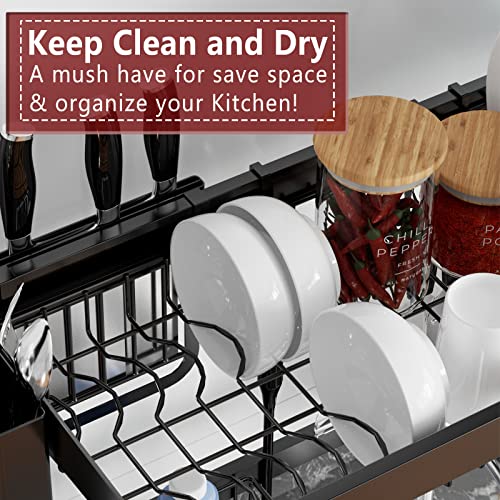 VNKZI Over Sink Dish Drying Rack, 2 Tier Full Stainless Steel Storage Adjustable Length (25.98'' to 36.61'') Kitchen Rack, Multifunctional Expandable Counter Organizer, Space Saver Dish Rack - Image 5