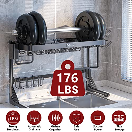 VNKZI Over Sink Dish Drying Rack, 2 Tier Full Stainless Steel Storage Adjustable Length (25.98'' to 36.61'') Kitchen Rack, Multifunctional Expandable Counter Organizer, Space Saver Dish Rack - Image 4