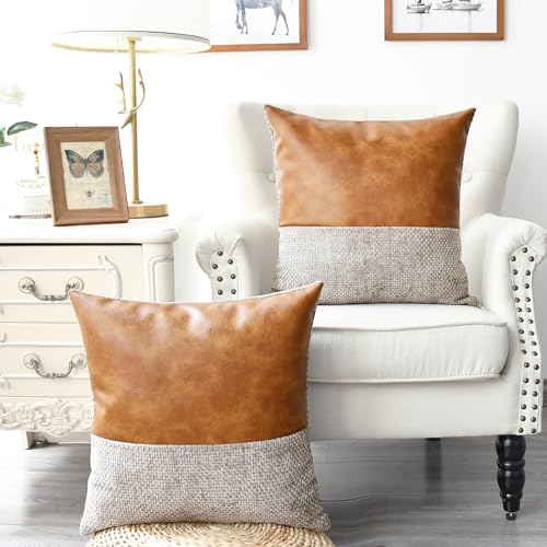 CaliTime Throw Pillow Covers Pack of 2 Soft Faux Leather Solid Dyed Cross Chenille Cushion Cases for Couch Sofa Home Decoration 18 X 18 Inches Taupe - Image 3