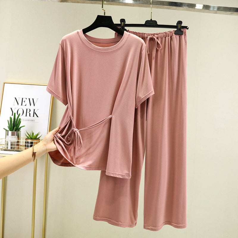 Modal Loose suit Womens Summer Home T-shirt Casual Pants Thin Short-sleeved Pajamas Pants Outer Wear Two-piece Set lotus root starch