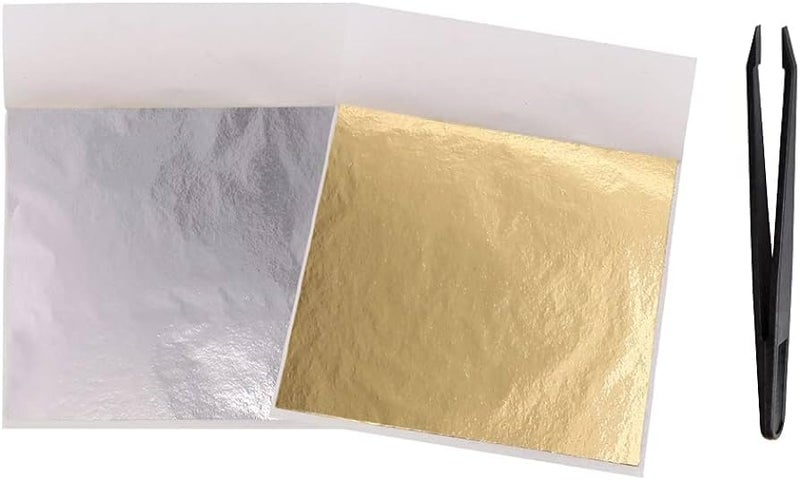 A.K GOLD LEAF 200 Sheets 8x8cm Gold,Silver Leaf Sheets Foil Paper for Gilding Crafting DIY Arts Project Crafting Decoration Makeup Spa Art Craft Work (Gold+Silver) - Image 1
