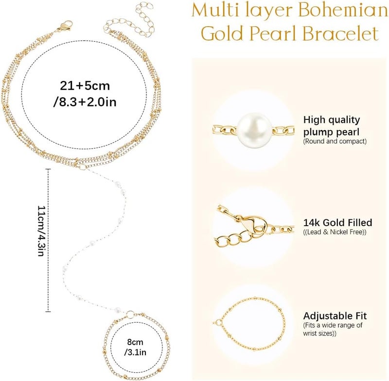 HANNEA® Bracelet Ring Chain, Hand Chain for Women, Chic Bling Drop Hand Charm with Pearl, Slim Golden Alloy Multi Wrist Charms, Dainty Women's Bracelets with Finger Ring - Image 1