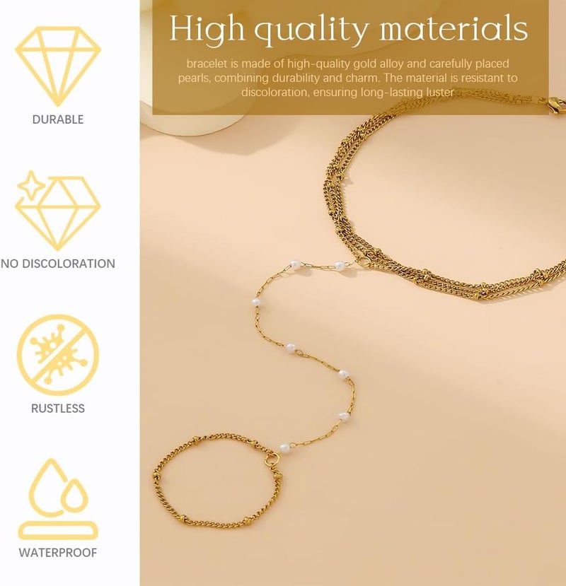 HANNEA® Bracelet Ring Chain, Hand Chain for Women, Chic Bling Drop Hand Charm with Pearl, Slim Golden Alloy Multi Wrist Charms, Dainty Women's Bracelets with Finger Ring - Image 3