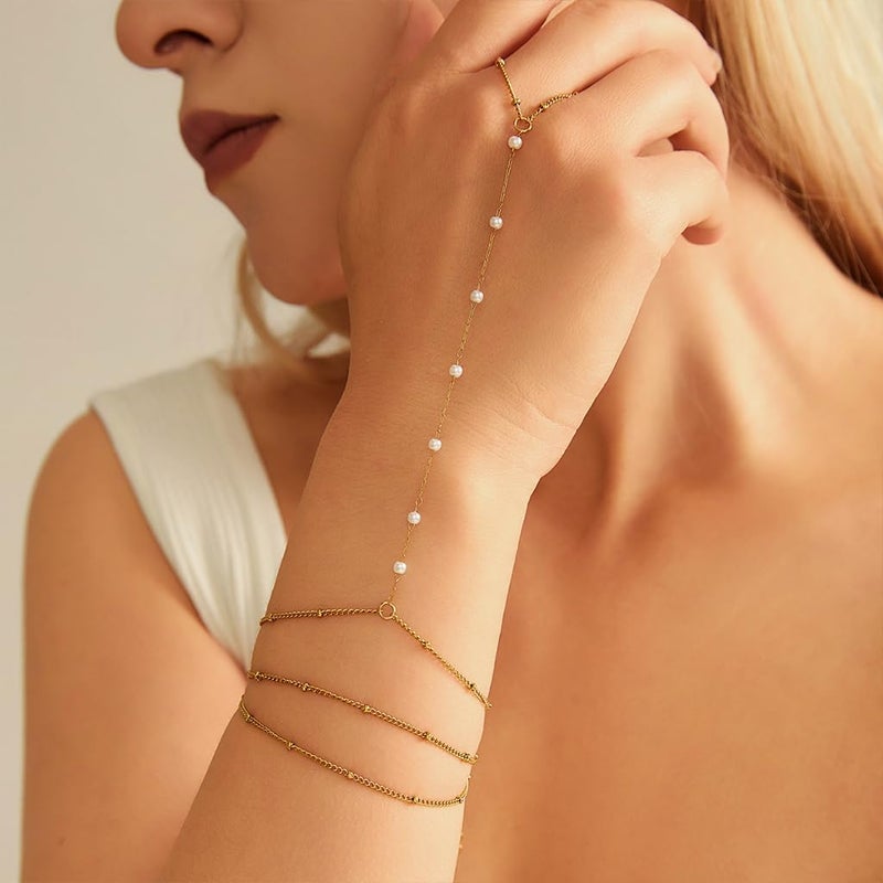 HANNEA® Bracelet Ring Chain, Hand Chain for Women, Chic Bling Drop Hand Charm with Pearl, Slim Golden Alloy Multi Wrist Charms, Dainty Women's Bracelets with Finger Ring - Image 2