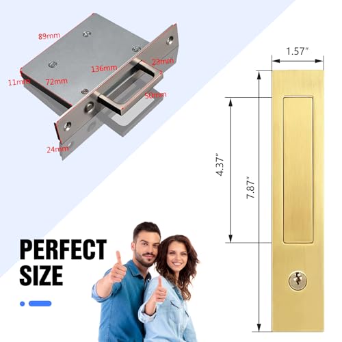 Eegoowa Pocket Door Locks, Edge pulls, Hidden Handles, Pocket Door Locks with Keys, Pocket Door Hardware, Sliding Door Hardware, for Doors 1 5/13" to 2 2/8" Thick (Golden, Key Type) - Image 4