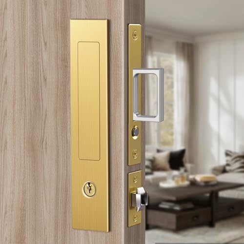 Eegoowa Pocket Door Locks, Edge pulls, Hidden Handles, Pocket Door Locks with Keys, Pocket Door Hardware, Sliding Door Hardware, for Doors 1 5/13" to 2 2/8" Thick (Golden, Key Type) - Image 3