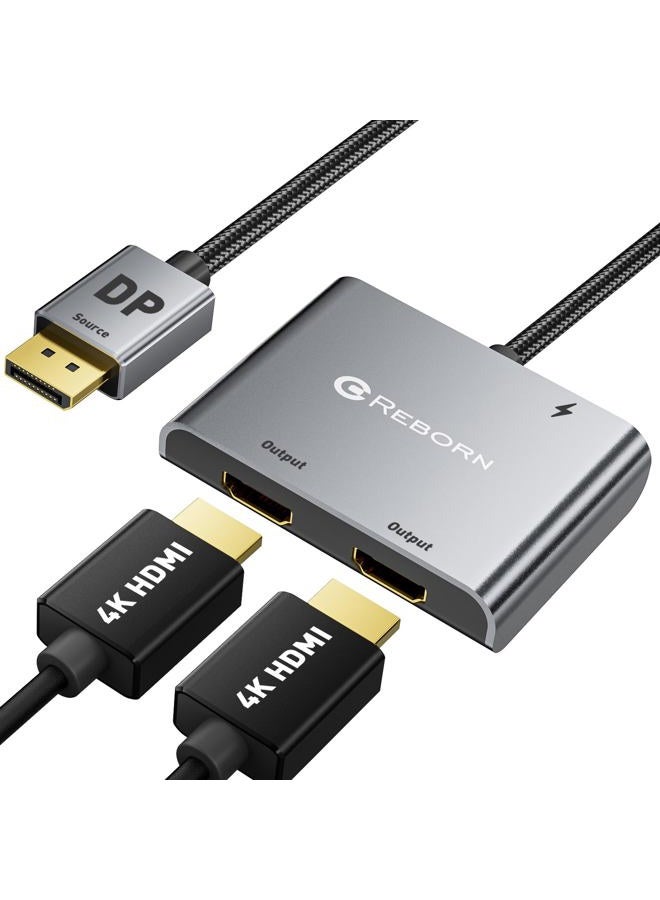 REBORN DisplayPort to Dual HDMI Adapter 4K@60Hz Display Port to HDMI 1 in 2 Out Splitter for Dual Monitor Extended Display, DP Source to 2 HDMI Adapter with PC, Graphics Card, HP and More - Image 1