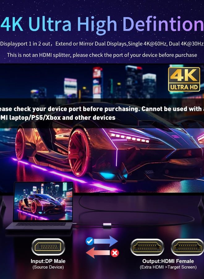 REBORN DisplayPort to Dual HDMI Adapter 4K@60Hz Display Port to HDMI 1 in 2 Out Splitter for Dual Monitor Extended Display, DP Source to 2 HDMI Adapter with PC, Graphics Card, HP and More - Image 3