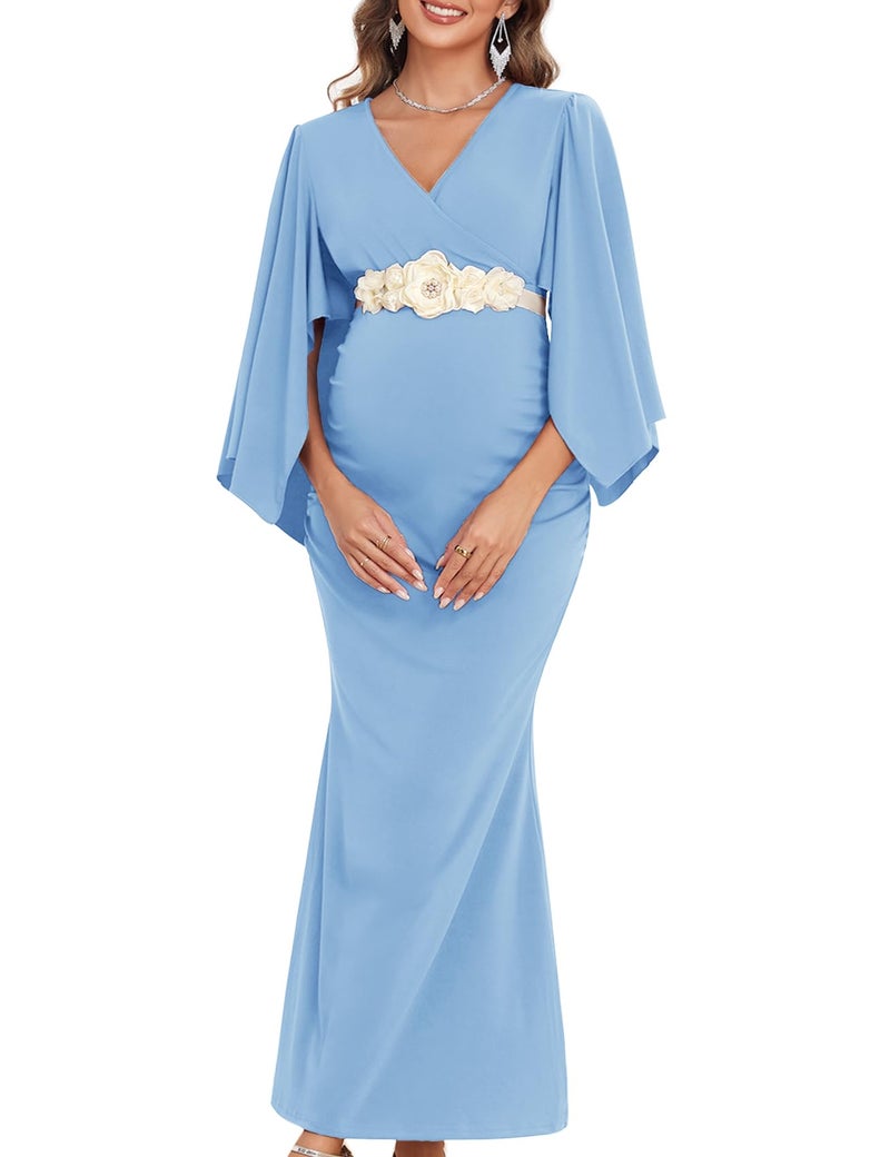 AISWI Maxi Maternity Dress Semi Formal Baby Shower Wedding Guest V-Neck Handkerchief Sleeves Elegant, Light Blue, Medium - Image 2