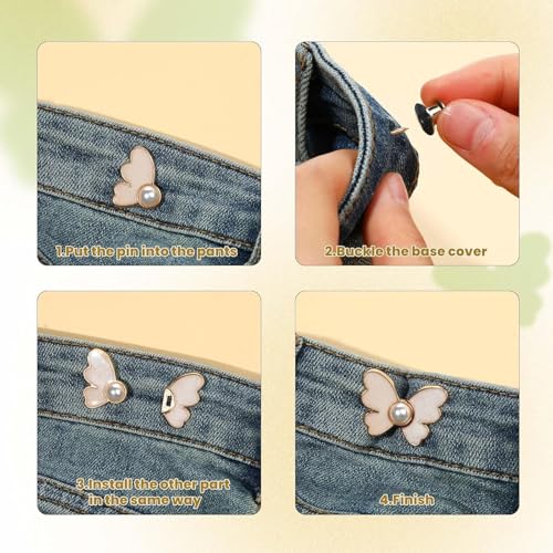Zebroc Adjustable Buttons for Loose Jeans Pant Tightener Clip, Detachable Waist Buckles for Loose Jeans Jeans Fitting Clips for Women, No Sew and No Tools Detachable Decorative Waist Buckle, Buttons for Jeans (Gold, White Butterfly Pack Of 3) - Image 5