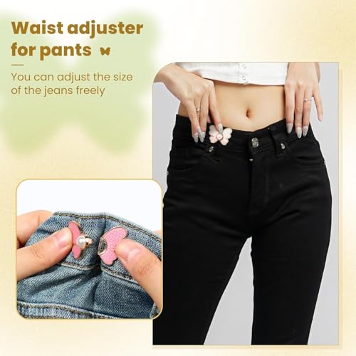 Zebroc Adjustable Buttons for Loose Jeans Pant Tightener Clip, Detachable Waist Buckles for Loose Jeans Jeans Fitting Clips for Women, No Sew and No Tools Detachable Decorative Waist Buckle, Buttons for Jeans (Gold, White Butterfly Pack Of 3) - Image 2