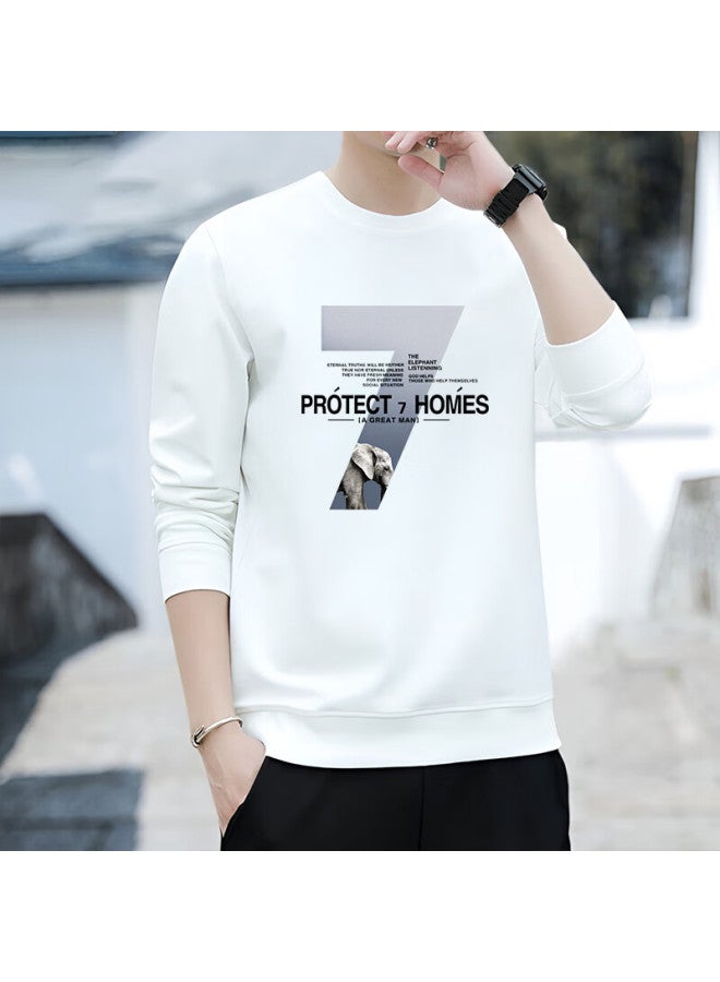 Vancamel Men's Crew Neck Sweatshirt Autumn Long Sleeve T-shirt Casual Loose Fit Student Base Shirt White S M