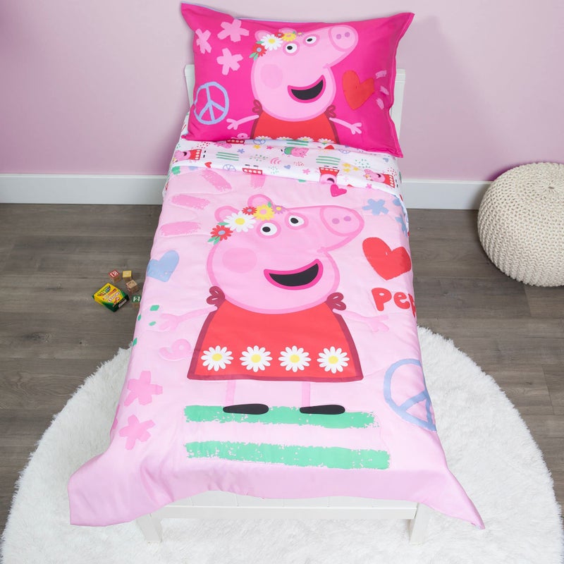 Peppa Pig Be Nice & Kind 4 Piece Toddler Bedding Set - Includes Comforter, Sheet Set - Fitted and Top Sheet + Reversible Pillow Case for Girls Bed, Pink - Image 1