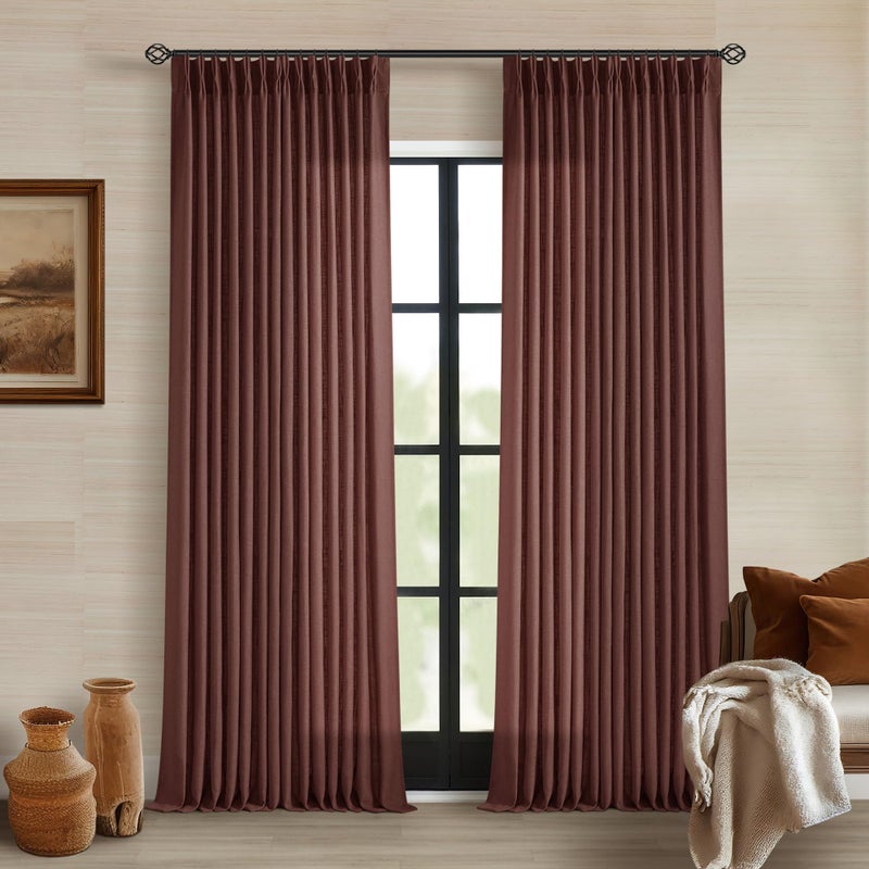 TWODRAPES Brick Brown Pinch Pleated Linen Curtains 90 Inches Long for Living Room Bedroom 2 Panels Light Filtering Pinch Pleat Hooks Rings Back Tab Red Chestnut Country Farmhouse 90 Inch Window Curtain Drapes - Image 1