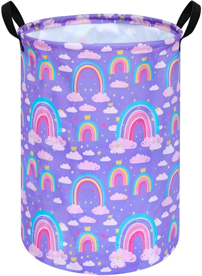 ACMUUNI 19.7 Inch Purple Rainbow Round Kids Round Laundry Clothes Hamper Dino Laundry Basket with Handles,Baby Toys Storage Organizer Bins Laundry Gift Basket for Boys and Girls Room, Bedroom Decor - Image 1