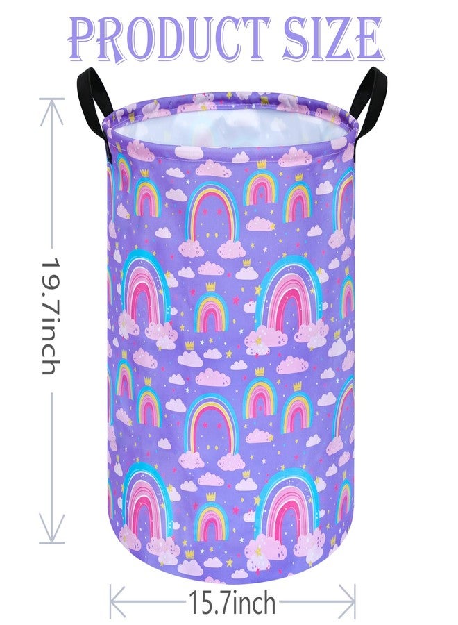 ACMUUNI 19.7 Inch Purple Rainbow Round Kids Round Laundry Clothes Hamper Dino Laundry Basket with Handles,Baby Toys Storage Organizer Bins Laundry Gift Basket for Boys and Girls Room, Bedroom Decor - Image 2