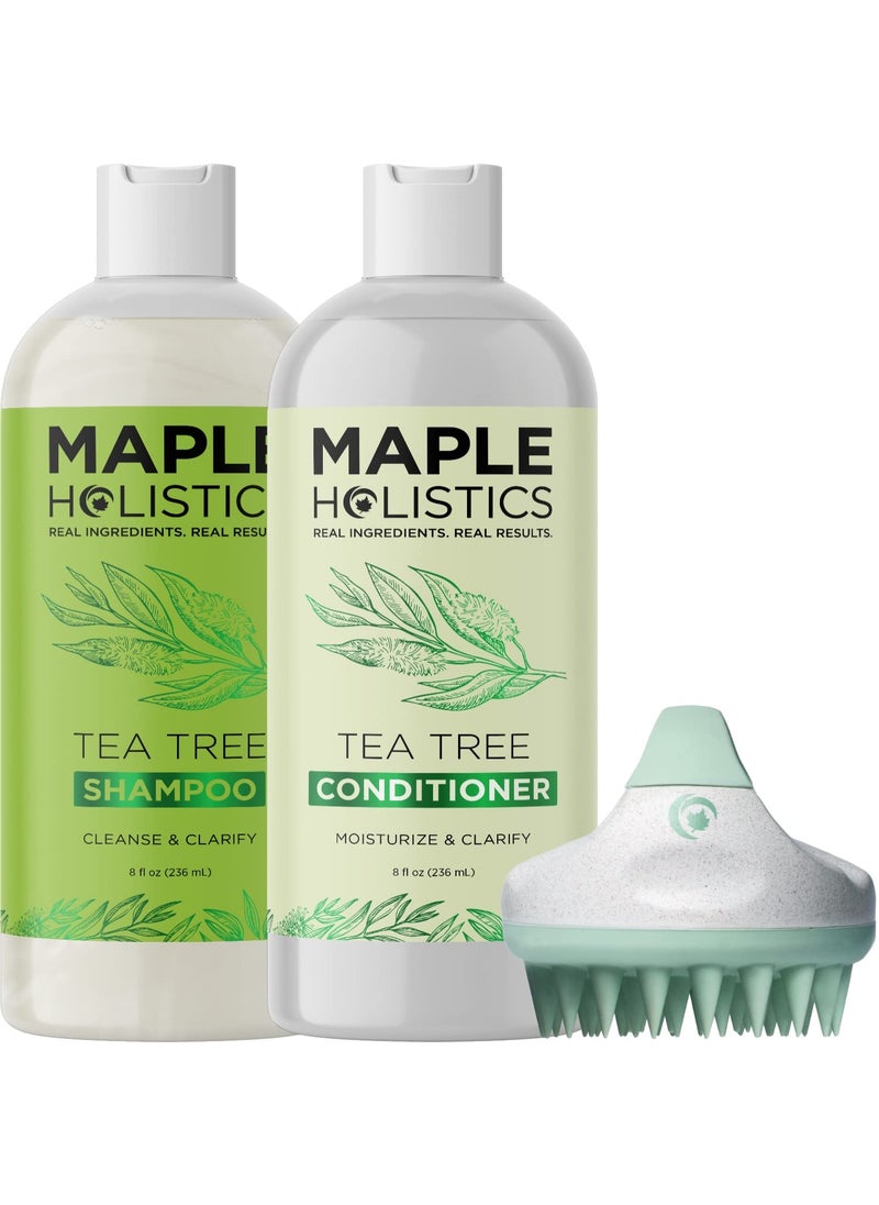 Maple Holistics Tea Tree Shampoo and Conditioner with Scrubber  Soft Silicone Scalp Massager and Scalp Exfoliators Made with Recycled Wheat Straw plus Sulfate Free Tea Tree Oil Shampoo and Conditioner 8oz 