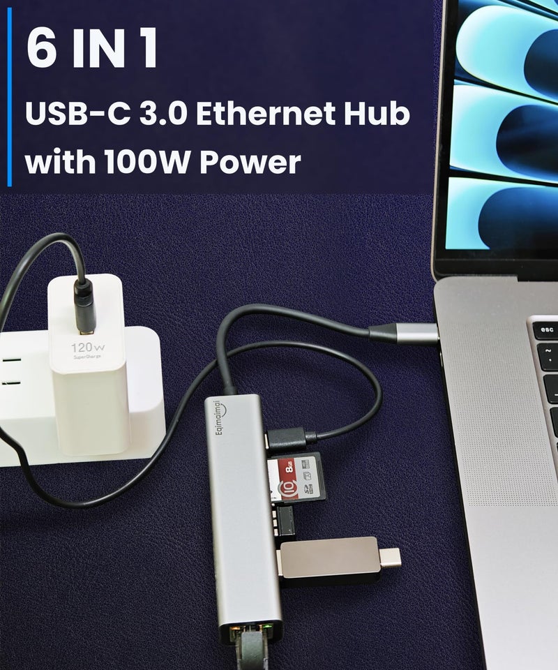 eqimaimai USB-C Ethernet Adapter with 100W Charging Port & Multiport Hub - Gigabit Ethernet Adapter, 5GB USB 3.0, SD/FT for Laptops, MacBooks, Chromebooks & More - Image 2