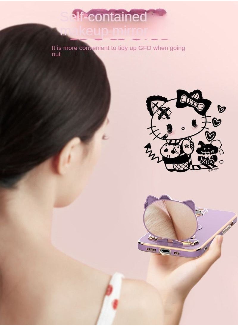 Generic - Soft Shell Cartoon Protective Case Cover For Apple IPhone 13pro max With Kt cat Make Up Mirror And Iphone Stand - Image 1
