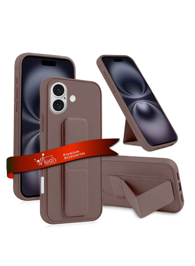 Wtech Apple iPhone 16 2024 Hand Grip Foldable Magnetic Kickstand Wrist Strap Finger Grip with Built-in Iron Case Cover - Brown Mudd - Image 1
