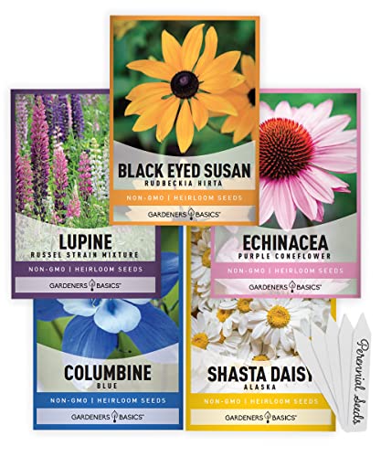 Gardeners Basics, Perennial Flower Seeds for Planting Outdoors (5 Variety Pack) Lupine, Columbine, Echinacea Purple Coneflower, Black Eyed Susan, Shasta Daisy for Pollinators Wildflower Seed - Image 1