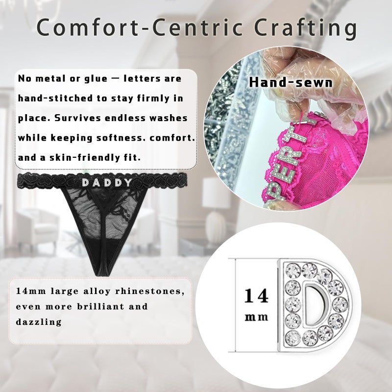 Eoribag Women's Personalized Lace Thongs with Funny Rhinestone Letters, Custom Name Underwear Panties for Couplesï¼ŒChristmas & Valentine's Day Giftï¼ŒBlack - Image 3