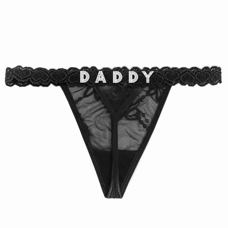 Eoribag Women's Personalized Lace Thongs with Funny Rhinestone Letters, Custom Name Underwear Panties for Couplesï¼ŒChristmas & Valentine's Day Giftï¼ŒBlack - Image 1