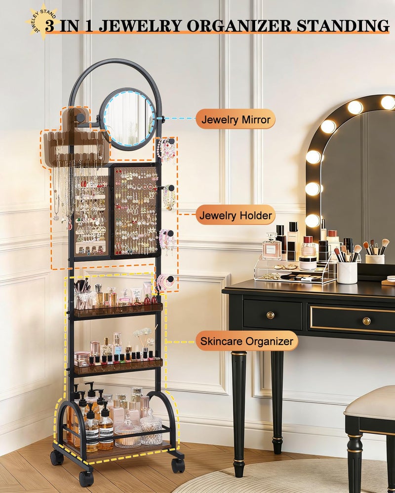 SOLIMINTR Mirror Jewelry Cabinet Standing, Jewelry Organizer and Storage with Jewelry Mirror, Jewelry Armoire with Earring Organizer Necklace Holder Bracelet Display, Large Tall Stand Up Jewelry Box Stand Tree - Image 2