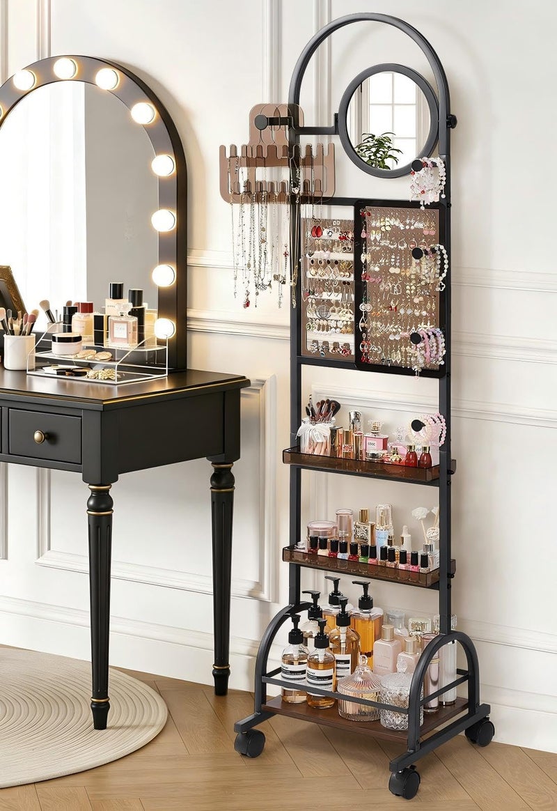 SOLIMINTR Mirror Jewelry Cabinet Standing, Jewelry Organizer and Storage with Jewelry Mirror, Jewelry Armoire with Earring Organizer Necklace Holder Bracelet Display, Large Tall Stand Up Jewelry Box Stand Tree - Image 1