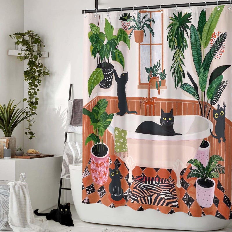 Fowocu Funny Cat Shower Curtain Boho Cute Fun Black Cats Matisse Shower Curtains for Bathroom Kitten Green Tropical Plant Leaves Beige Brown Red Waterproof Fabric Bath Curtain Decor 72 X 72 Inches - Image 4