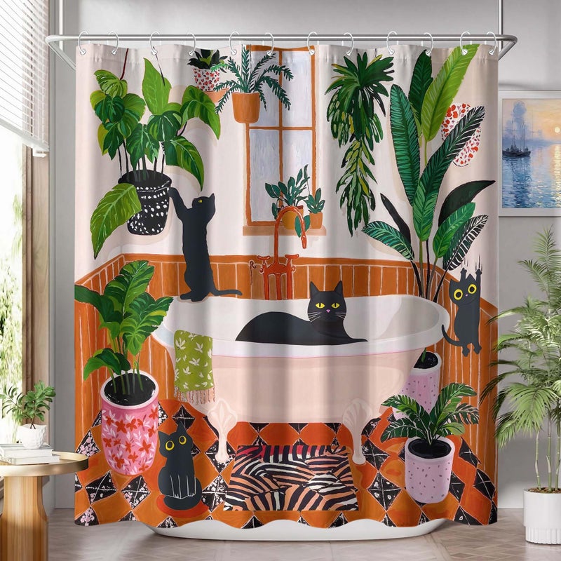 Fowocu Funny Cat Shower Curtain Boho Cute Fun Black Cats Matisse Shower Curtains for Bathroom Kitten Green Tropical Plant Leaves Beige Brown Red Waterproof Fabric Bath Curtain Decor 72 X 72 Inches - Image 5