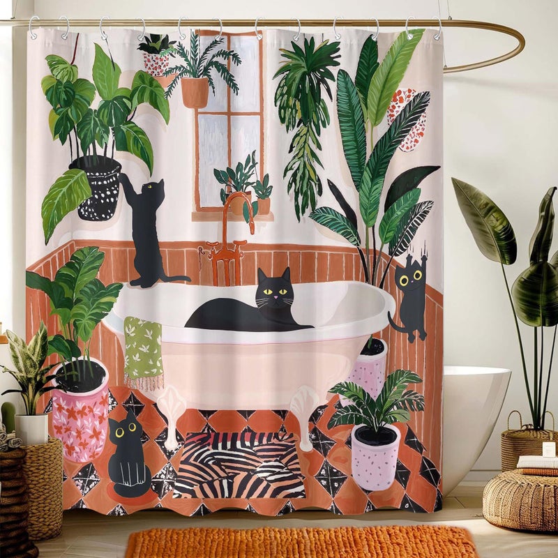 Fowocu Funny Cat Shower Curtain Boho Cute Fun Black Cats Matisse Shower Curtains for Bathroom Kitten Green Tropical Plant Leaves Beige Brown Red Waterproof Fabric Bath Curtain Decor 72 X 72 Inches - Image 2