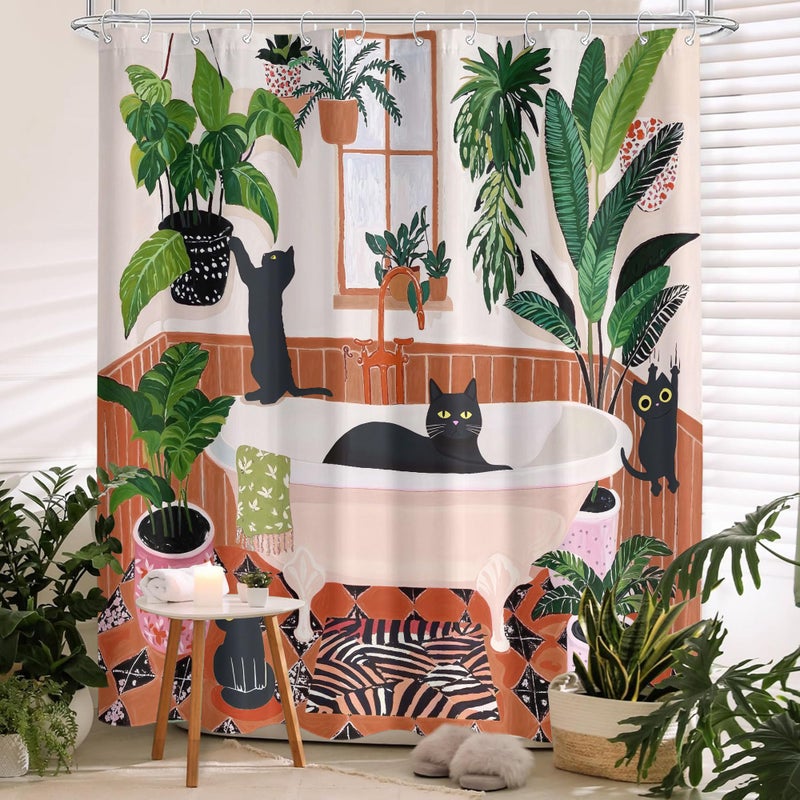 Fowocu Funny Cat Shower Curtain Boho Cute Fun Black Cats Matisse Shower Curtains for Bathroom Kitten Green Tropical Plant Leaves Beige Brown Red Waterproof Fabric Bath Curtain Decor 72 X 72 Inches - Image 3