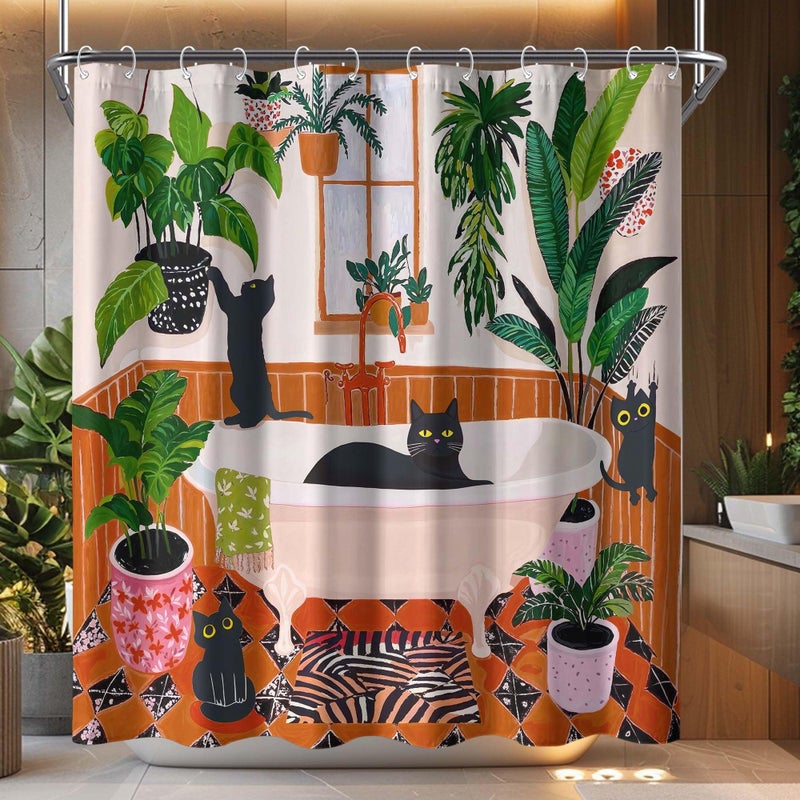 Fowocu Funny Cat Shower Curtain Boho Cute Fun Black Cats Matisse Shower Curtains for Bathroom Kitten Green Tropical Plant Leaves Beige Brown Red Waterproof Fabric Bath Curtain Decor 72 X 72 Inches - Image 1