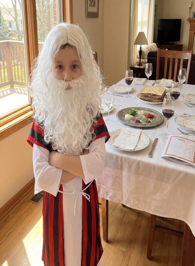 Skicuff زي موسى لعيد الفصح للأطفال من Skicuff، 5 قطع، أزياء مستوحاة من الكتاب المقدس، مع رداء وسترة وحزام وشعر مستعار ولحية (مقاس متوسط). - Image 4