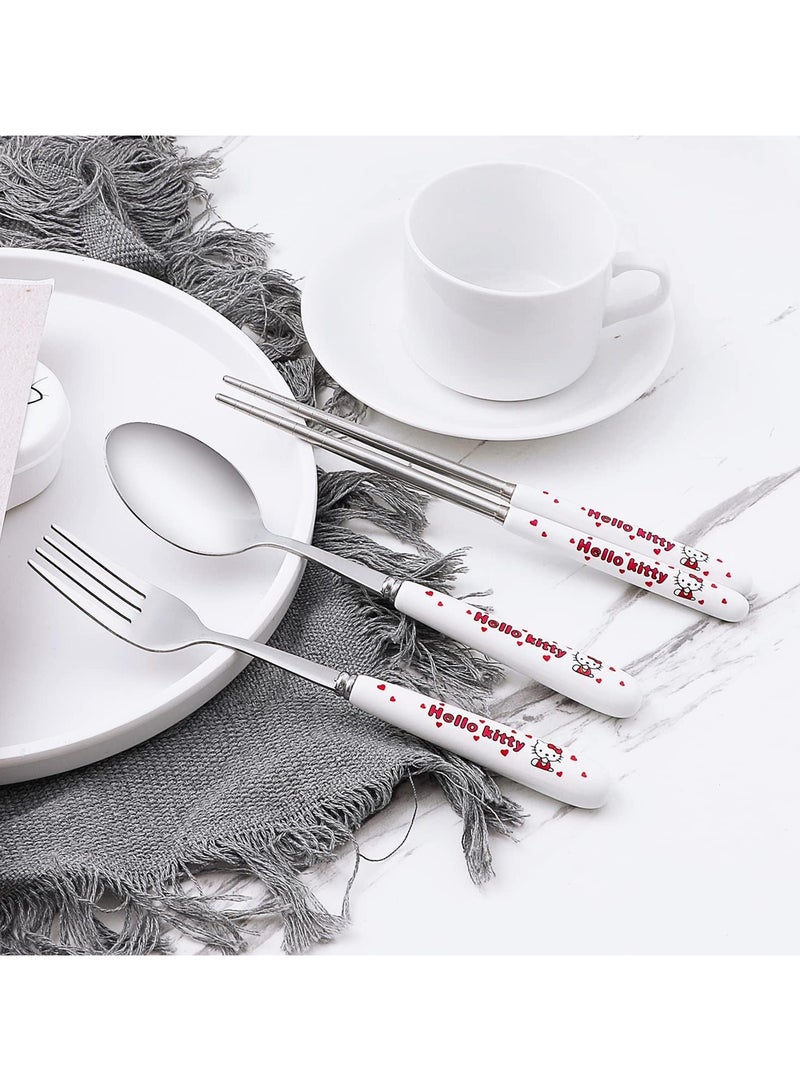 عام طقم أدوات مائدة محمولة بطبعة كارتونية من كاواي مع طقم أدوات مائدة كارتونية قابلة لإعادة الاستخدام مع صدفة عيدان طعام وشوكة وملعقة طعام للسفر والنزهات - Image 4